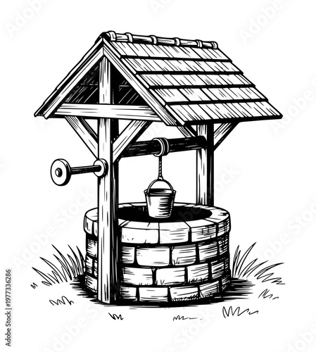 Rustic wooden wishing well with bucket and rope, hand-drawn style water