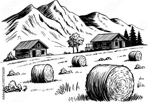 Rustic mountain landscape with log cabins and hay bales, black and white