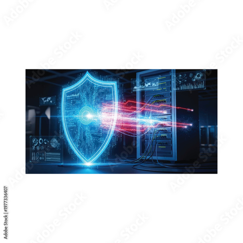Advanced cybersecurity shield protecting networks, detecting threats, preventing breaches, ensuring data integrity
