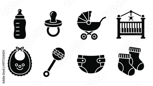 A collection of black silhouette icons depicting essential baby items including bottles pacifiers and bedding high quality professional detailed modern elegant