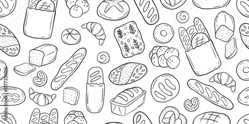 Seamless pattern with bakery hand drawn doodles of bread and pastries