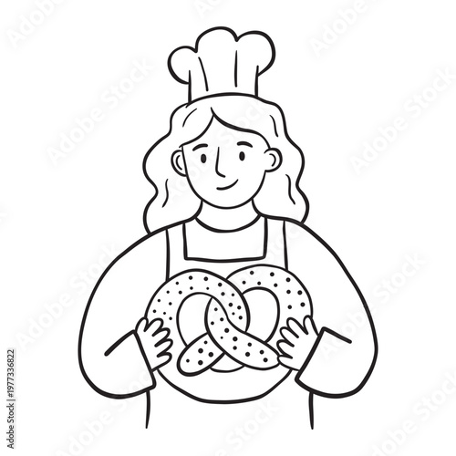 Female baker holding large pretzel hand drawn doodle vector illustration