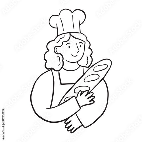 Woman baker in chef hat holding fresh baguette hand drawn doodle vector