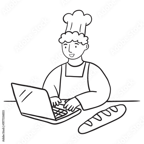 Male baker using laptop to take online order with fresh baguette hand drawn doodle
