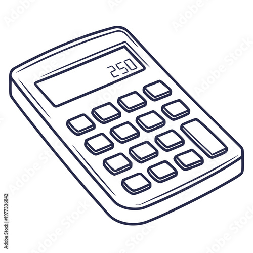 A simple line art illustration of a calculator with a digital display showing the number 250
