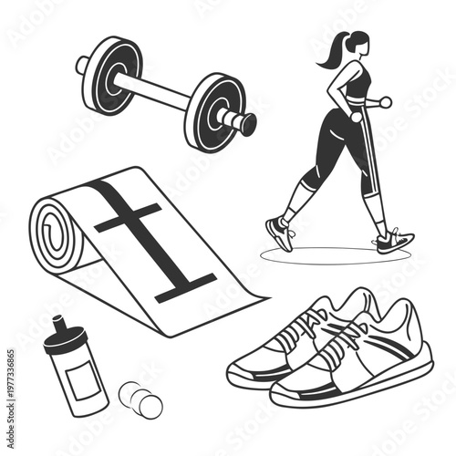 A vector graphic illustration of a woman's fitness routine with exercise equipment