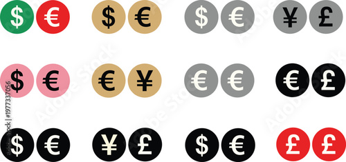 Comprehensive Collection of Global Currency Icons Featuring Dollar Euro Yen and Pound Symbols in Various Colors and Styles Perfect for Financial Apps Banking Websites and Global Trade Presentations