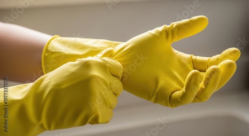 Close-up of a hand putting on rubber gloves to clean