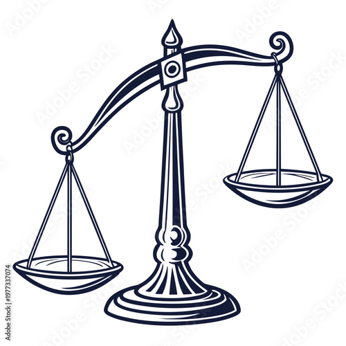 A black and white illustration of a balance scale with two empty plates on either side