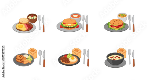 Full breakfast meal illustrations with burger, eggs, toast, and soup.