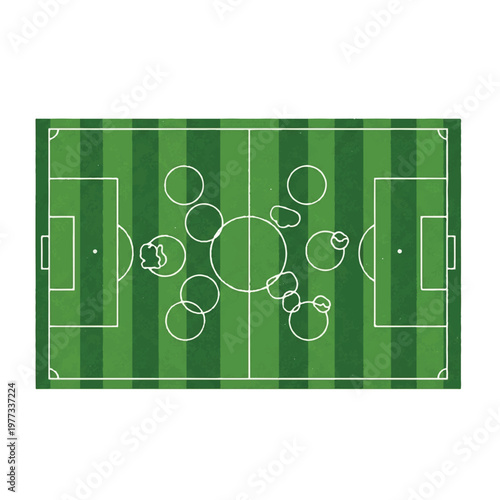 An abstract geometric representation of a soccer pitch using only lines and circles, in a minimalist green and white palette, overhead view, very clean and technical, flat vector illustration,