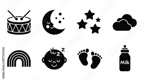 A collection of black silhouette icons depicts baby related themes including sleep dreams music and childhood joy high quality professional detailed