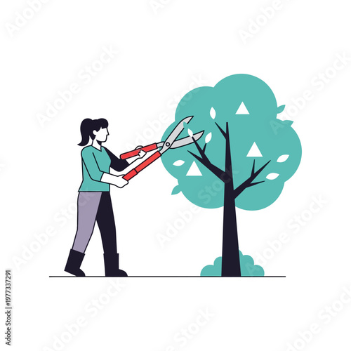 Woman pruning tree with large red shears in flat minimalist style with pastel colors for gardening or landscaping