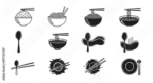 Minimalist asian food icon set featuring bowls of noodles ramen rice and soup with chopsticks and spoons art.