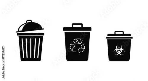 Three waste containers with different hazard symbols a striking silhouette