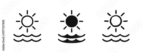 Sun over ocean waves icon set in outline solid and hand drawn styles