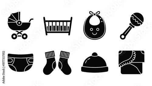 A collection of black silhouette icons depicting essential baby items like strollers cribs and clothing high quality professional detailed modern elegant