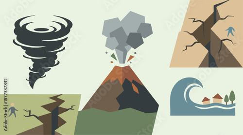 Natural Disasters Icons and Symbols Collection on Light Background