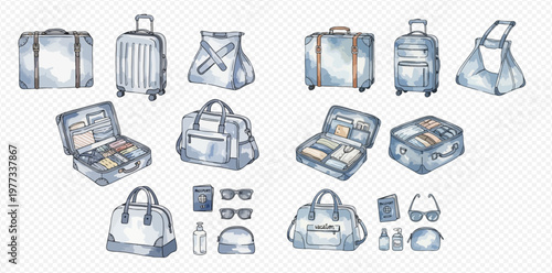 Watercolor travel luggage and accessories set for vacation and journey.