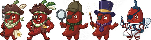Web Chili Pepper Mascot Costume Set, Cute Red Chili Character as Pirate, Detective, Magician, and Astronaut, Cinco De Mayo Vector Illustration Bundle