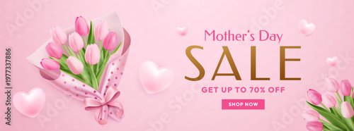 Mother's Day Sale Advertisement with Pink Tulips and Hearts