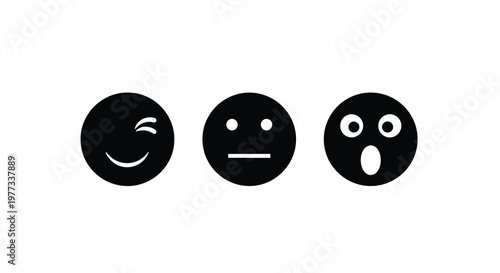 Three black circle emoticons displaying different expressions silhouette