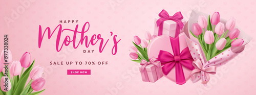 Happy Mother’s Day Banner with Gift Box and Tulips Flowers