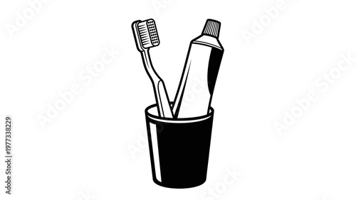 Toothbrush and Toothpaste in a Glass Cup Line Art Illustration