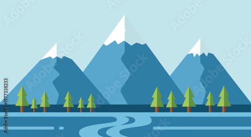 Minimalist Blue Mountain Landscape with Snowy Peaks Green Pine Trees Winding River Calm Nature Scene Flat Design Vector Illustration for Background or Wallpaper