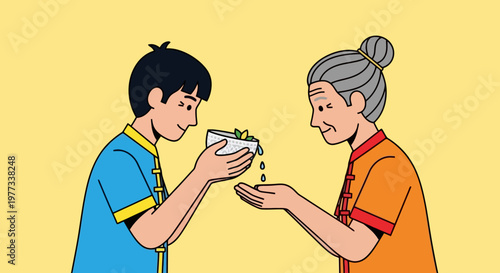 Young Man Pouring Water from Bowl into Elderly Woman Hands Respectful Gesture Traditional Chinese Respect for Elders Caring Moment Cartoon Vector Illustration
