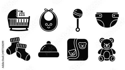 A collection of black silhouette icons representing baby essentials like a crib bib rattle and diaper high quality professional detailed modern