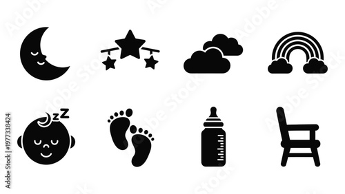 A collection of black silhouette icons representing baby related themes including sleep dreams and nursery items high quality professional detailed modern