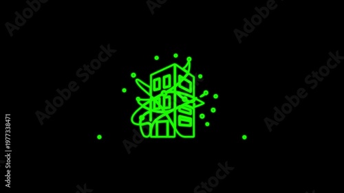 Green neon illustration of a futuristic cityscape with towers and lights exploding