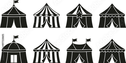 Circus tent silhouettes, black and white design, carnival icons, festival graphics, entertainment illustration, whimsical tents, decorative flags, event theme art