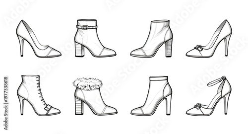 shoe, heel, pump, women, fashion, line, art, outline, black, white, elegant, style, footwear, design, classic, icon, modern