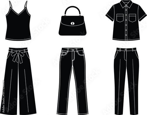 Clothing and accessories silhouette collection, camisole handbag shirt pants jeans trousers, black vector fashion design, modern minimal wardrobe illustration set