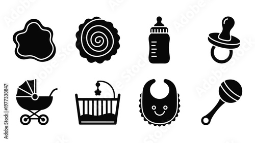 A collection of black silhouette icons depicting various baby related items including bottles pacifiers and a stroller high quality professional detailed