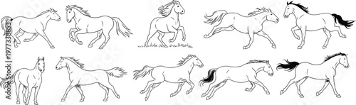 Running horse sketch set, line art horses illustration, galloping equine poses collection, black white vector drawing, animal motion study design