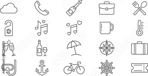 Cloud icon, telephone receiver, champagne bottle, briefcase silhouette, fork and spoon, door hanger, musical notes, coffee mug, thermometer, beach umbrella, compass rose