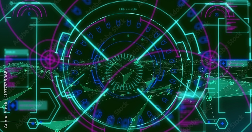 Fototapeta premium Rotating central HUD reticle pulsing over virtual cockpit dotted rings, with cyan crosshair beams