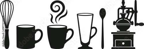 Coffee mug silhouette, steaming cup icon, tall glass mug, whisk vector, spoon design, manual coffee grinder, beverage preparation, cafe symbol