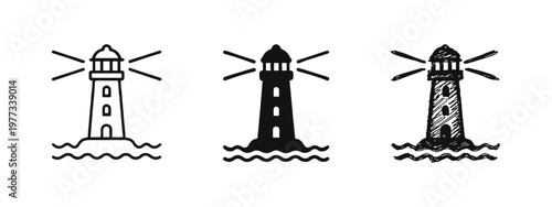Lighthouse on sea waves icon set in outline solid and hand drawn styles