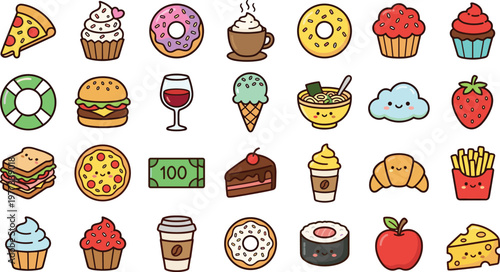 Colorful cartoon food icons set, pizza cupcake donut coffee burger wine ice cream sushi cheese, cute playful design illustration
