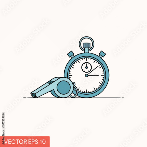 A minimalist referee whistle and a stopwatch on a clean white surface, symbolizing the countdown to the event, professional and organized mood, flat vector illustration, solid flat block colors,
