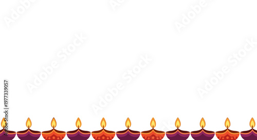 Diwali banner with row of glowing oil lamps on white background, festive Indian diya border with large copy space, minimalist holiday celebration design template