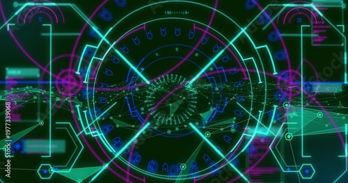 Rotating central HUD reticle pulsing over virtual cockpit dotted rings, with cyan crosshair beams
