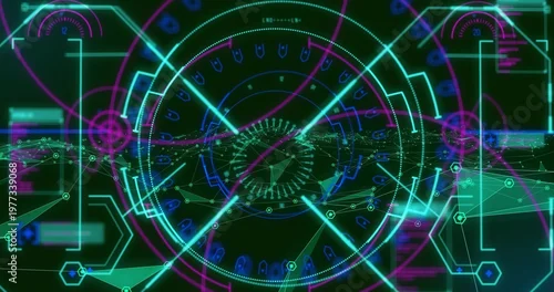 Obraz Rotating central HUD reticle pulsing over virtual cockpit dotted rings, with cyan crosshair beams