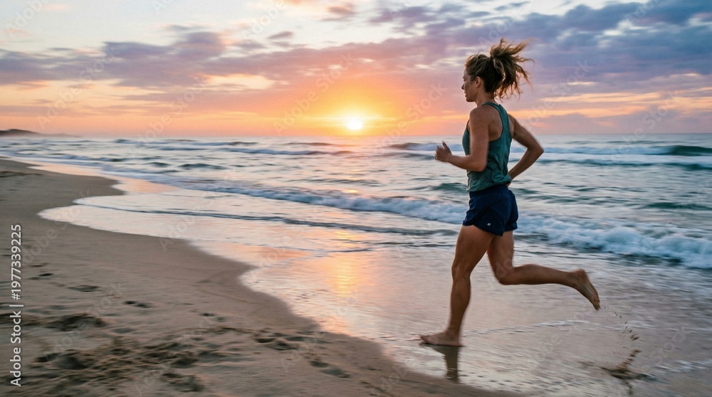 Fototapeta premium Woman jogging on a beach at sunset, running barefoot along the shoreline