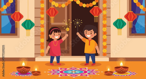 Happy Diwali celebration with children holding sparklers at decorated home entrance, colorful lanterns, diyas and rangoli, festive Indian holiday illustration