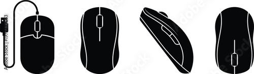 Computer mouse silhouette, wired and wireless design, ergonomic technology accessory, digital input device illustration, modern office equipment, black vector artwork concept
